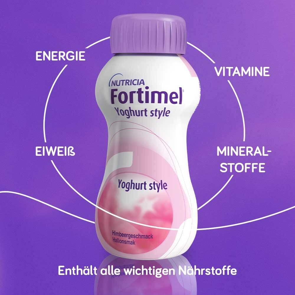 Flasche Fortimel Yoghurt Style Himbeere. Umgeben von Symbolen für Energie, Eiweiß, Vitamine, Mineralstoffe.