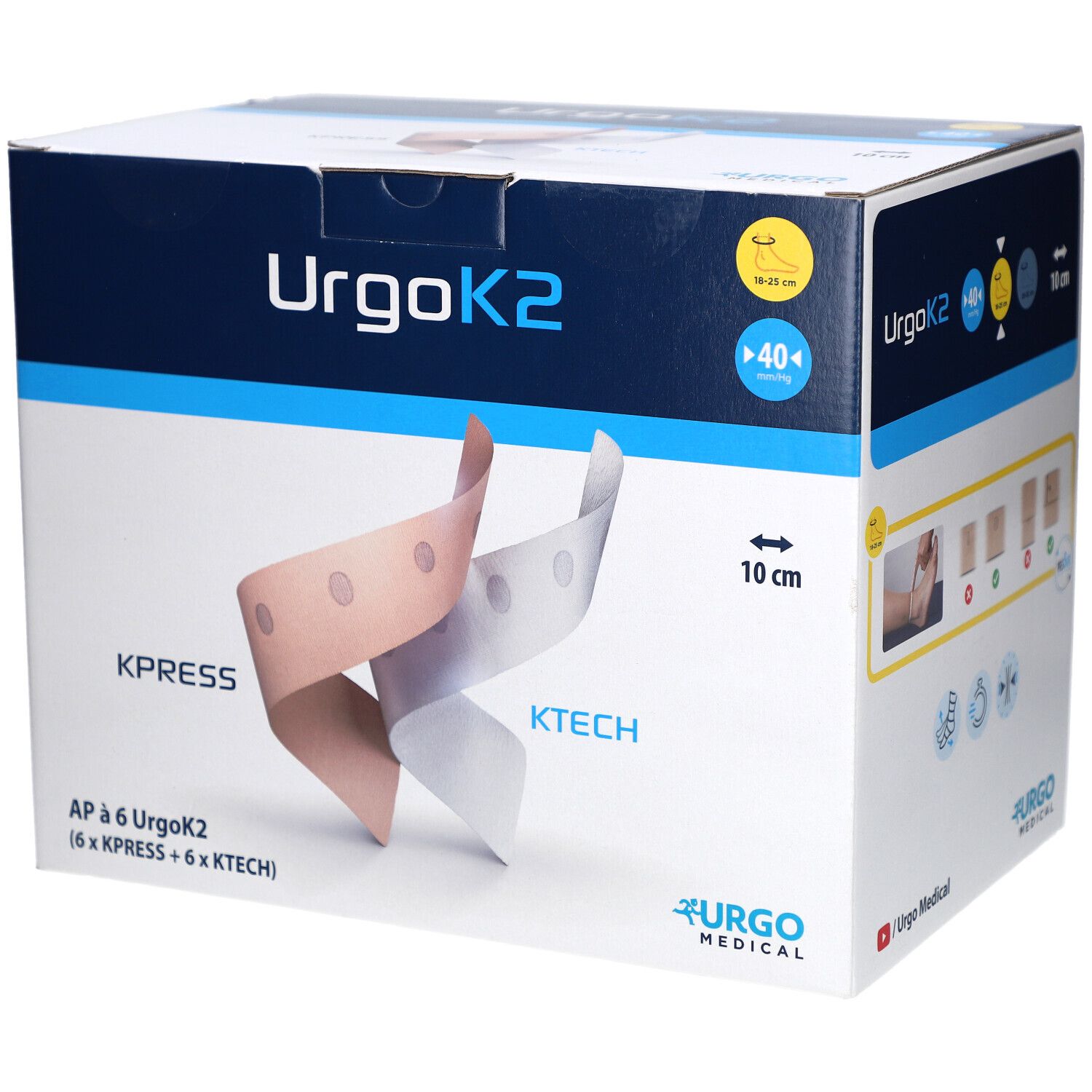 Karton mit URGOK2. Aufdrucke: KPRESS, KTECH, 10 cm, URGO MEDICAL. Gezeigt werden zwei Bandagen. Produktverpackung.