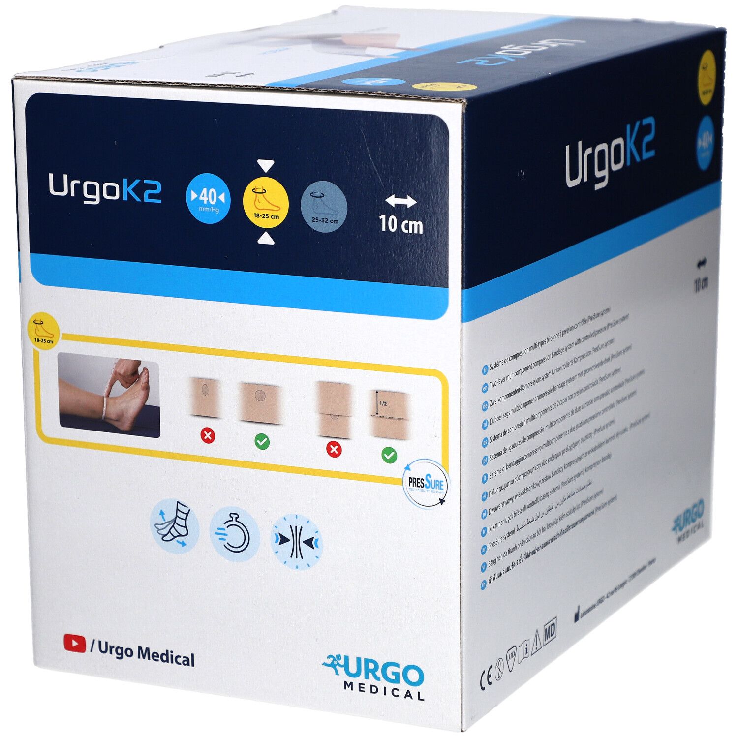 Karton mit URGOK2. Aufdrucke: KPRESS, KTECH, 10 cm, URGO MEDICAL. Illustrationen zur Anwendung. Produktverpackung.