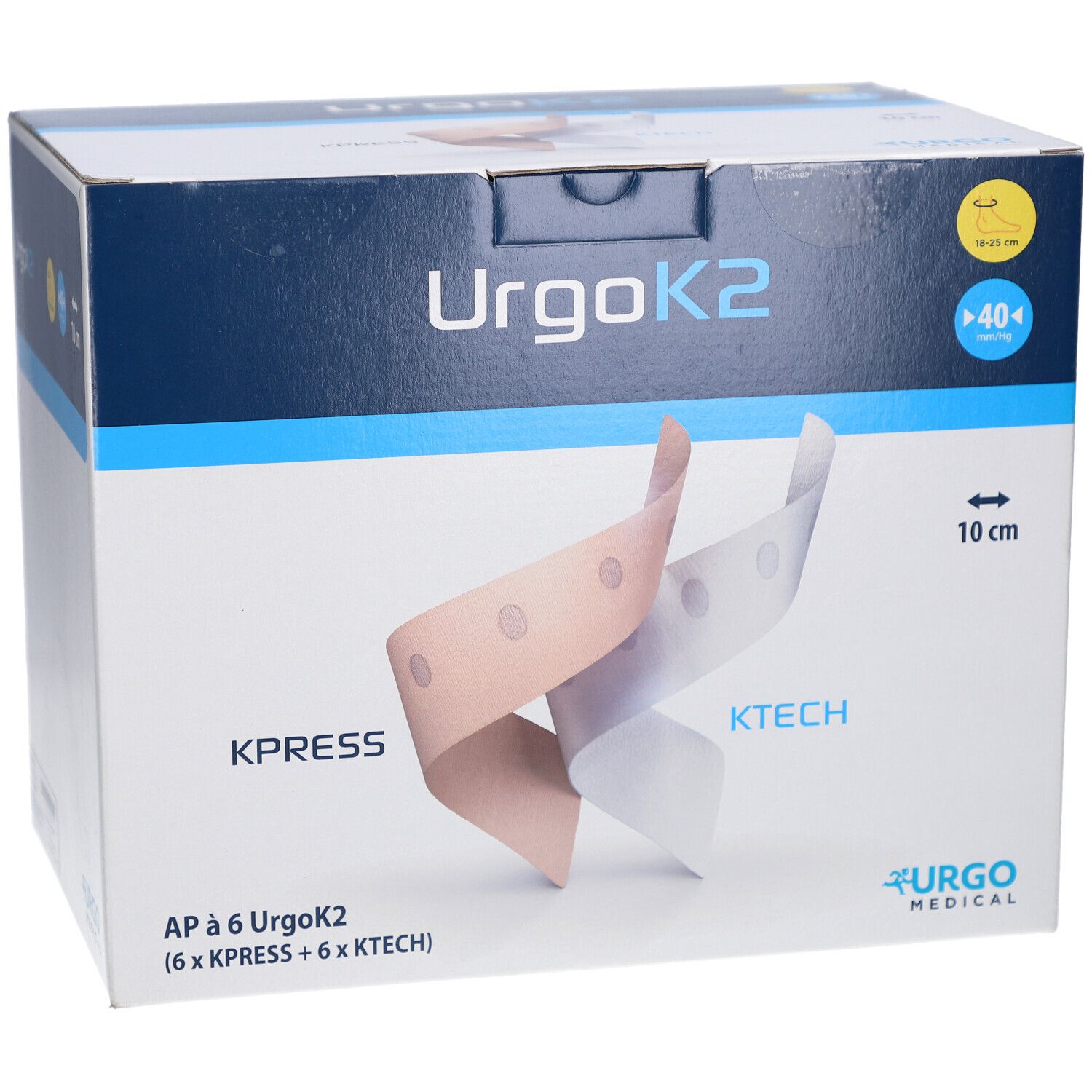Karton mit URGOK2. Aufdrucke: KPRESS, KTECH, 10 cm, URGO MEDICAL. Gezeigt werden zwei Bandagen. Produktverpackung.