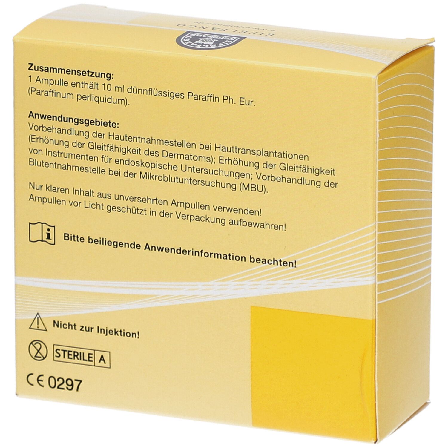 Rückseite der gelben Schachtel. Text: Zusammensetzung, Anwendungsgebiete, Warnhinweise. Medizinprodukt.