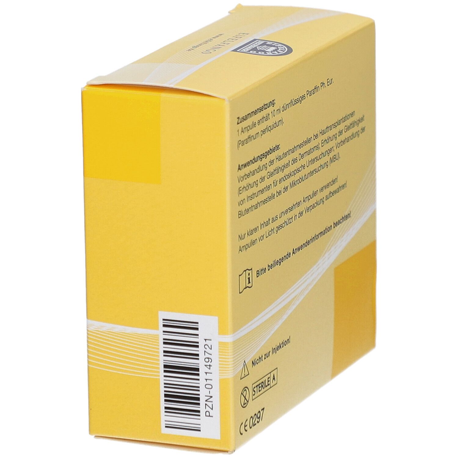 Seitenansicht der gelben Schachtel. Text: PZN-01149721, Steril A, CE0297. Medizinprodukt.