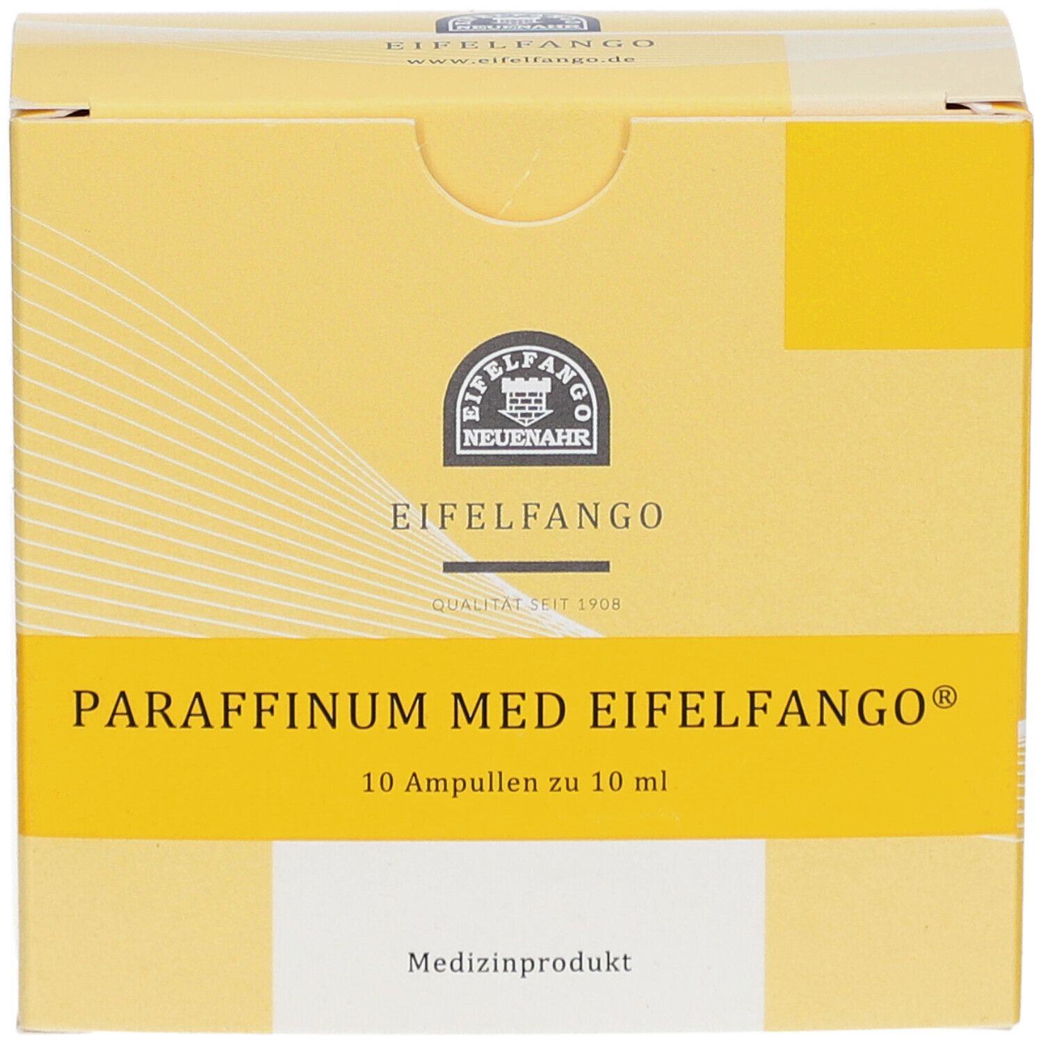 Gelbe Schachtel, "PARAFFINUM MED EIFELFANGO". Enthält 10 Ampullen. Medizinprodukt.