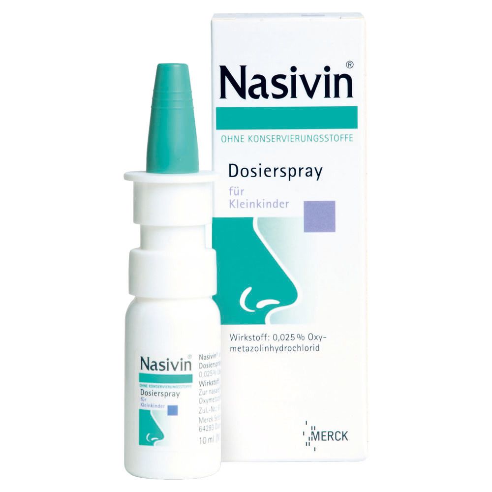 Nasivin Dosierspray für Kleinkinder. Flasche und Verpackung. Grüne Sprühdüse. Weißes Fläschchen mit grünem Deckel. Verpackung mit Produktnamen und Logo.