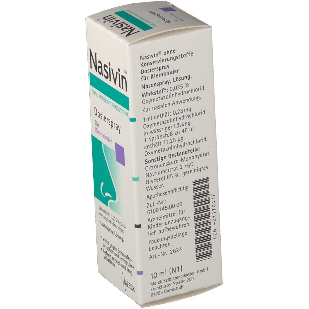 Nasivin Dosierspray Verpackung. Detailansicht. Text über Inhaltsstoffe und Hersteller. Apotheken-Zulassungsnummer. Merck Logo.