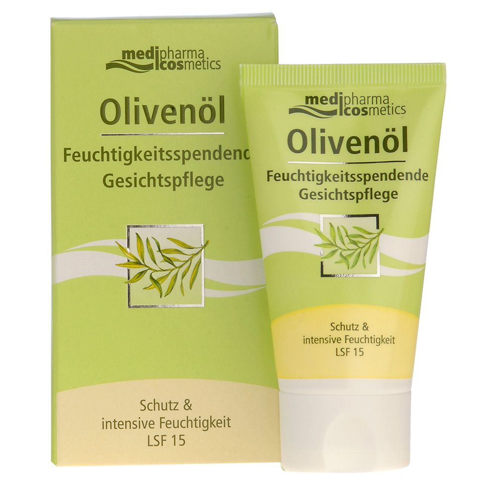 Grüne Tube und Schachtel mit Produktnamen und Olivenzweig-Illustration. Text: Feuchtigkeitsspendende Gesichtspflege, LSF 15.