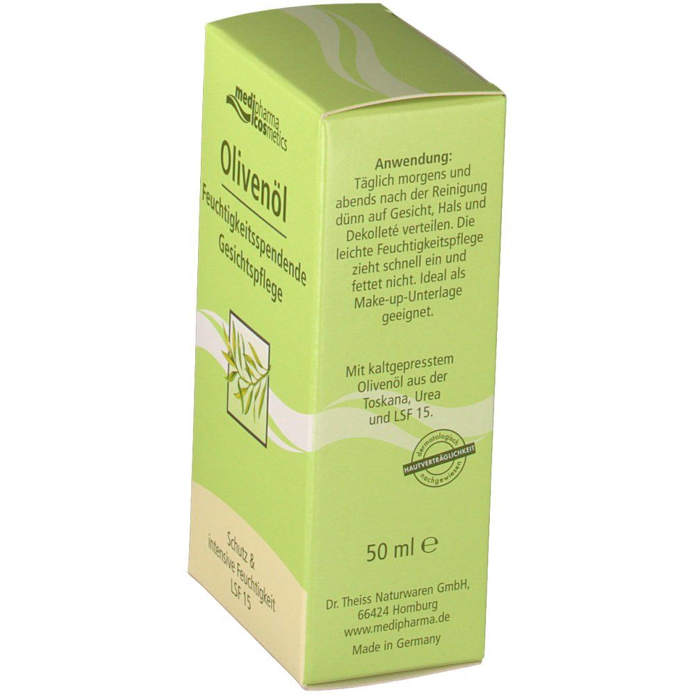 Grüne Schachtel mit Produktnamen und Olivenzweig-Illustration. Text: Feuchtigkeitsspendende Gesichtspflege, 50 ml e.