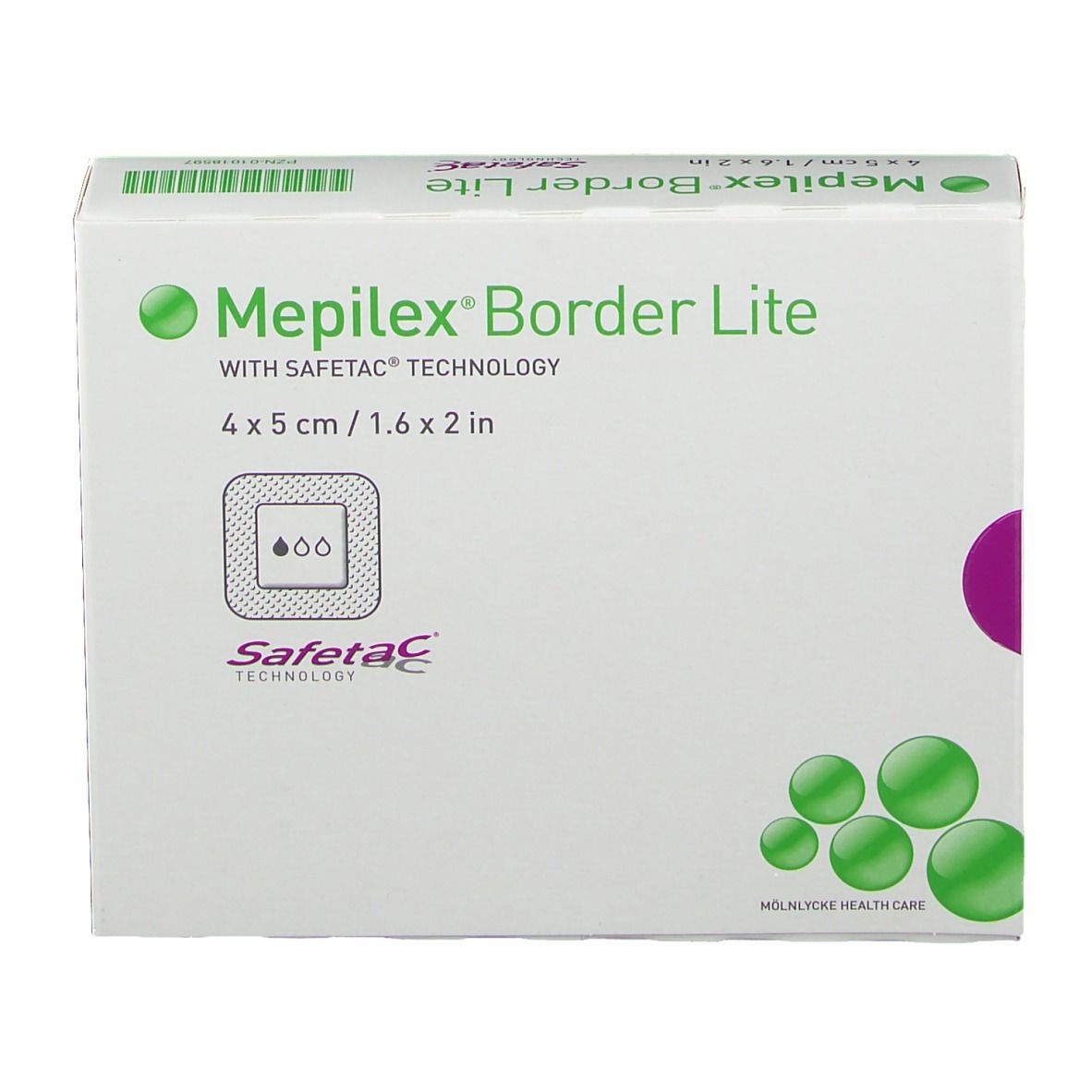 Mepilex® Border Lite Verpackung. Größe 4 x 5 cm. Mit Safetac® Technologie. Grün-weiße Schachtel mit Produktabbildung.