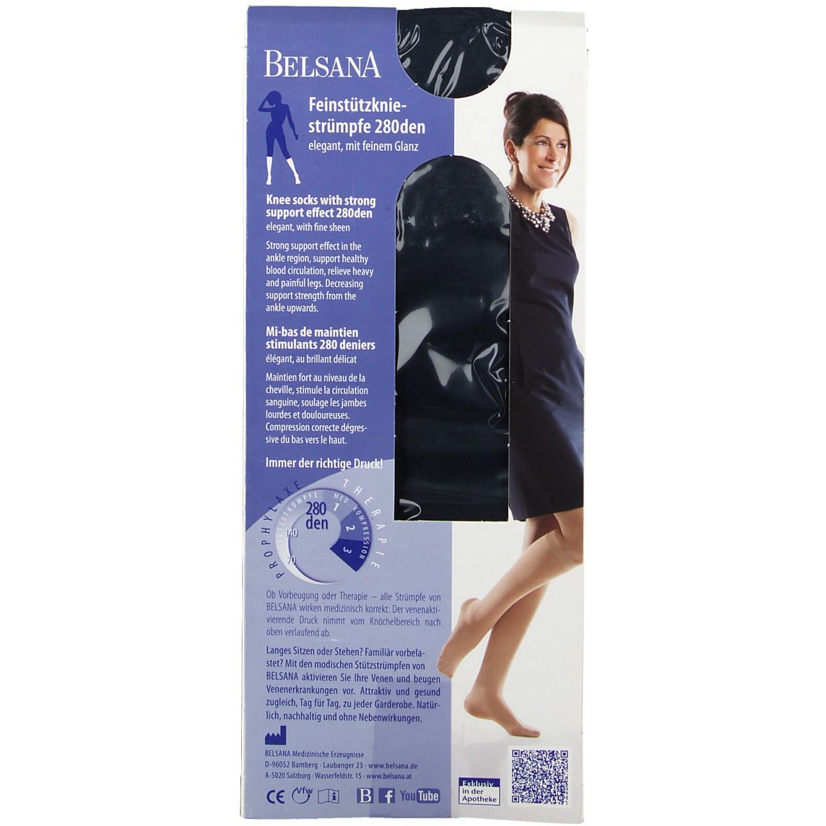 BELSANA 280den Glamour Kniestrumpf, nachtblau, in Verpackung. Frau mit Strümpfen. Produktinformationen und Größenangaben.