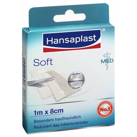 Verpackung von Hansaplast Soft Pflastern. Größe: 1 m x 8 cm. Mit antibakterieller Silbertechnologie. Auszeichnung: No.1 in Europa.