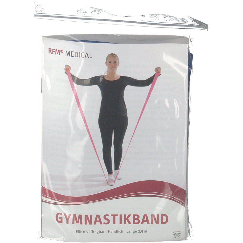 Gymnastikband in Folienverpackung. Frau hält rosa Band. Aufdruck: Gymnastikband, RFM Medical.