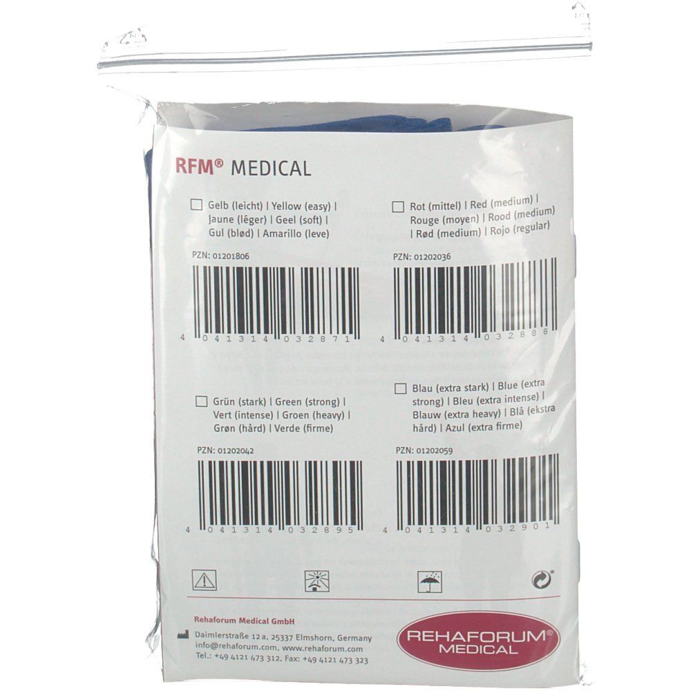 Rückseite der Verpackung. Barcodes, Farbbezeichnungen, RFM Medical Logo, Rehaforum Medical.