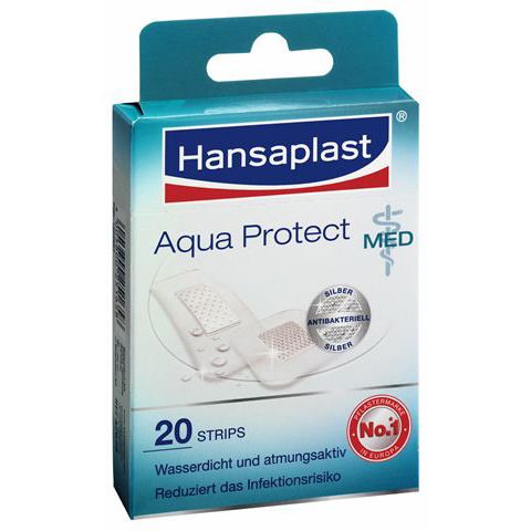 Verpackung von Hansaplast Aqua Protect Pflaster Strips. Enthält 20 Strips. Wasserdicht und atmungsaktiv. Reduziert das Infektionsrisiko. Mit Silber.