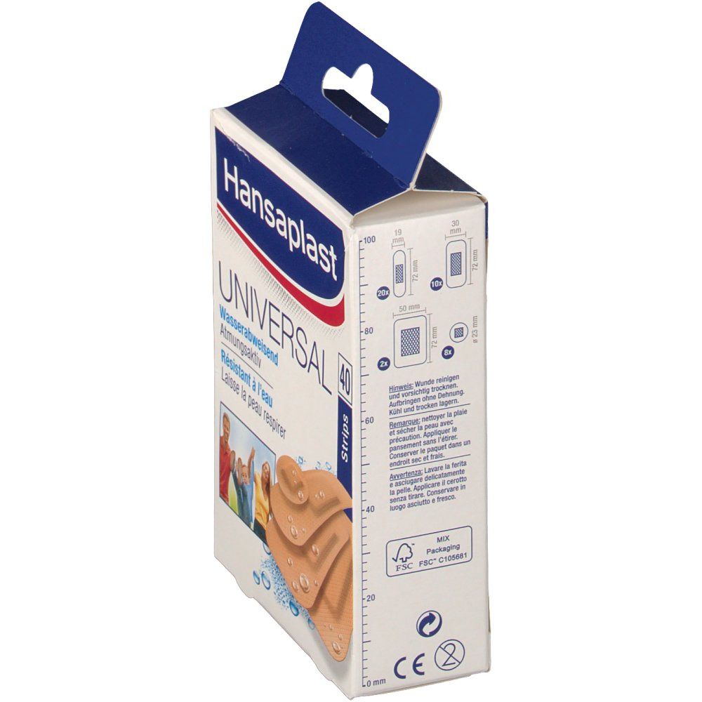 Seitenansicht der Hansaplast Universal Verpackung. Zeigt Größenangaben der Strips. Mit FSC-Zertifizierung und CE-Kennzeichnung.