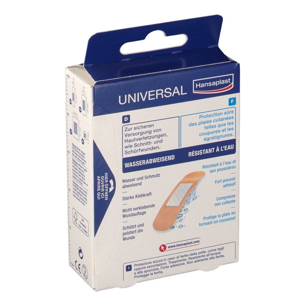 Rückseite der Hansaplast Universal Verpackung. Beschriftung: wasserabweisend, schützt die Wunde. Mit Illustration eines Strips.