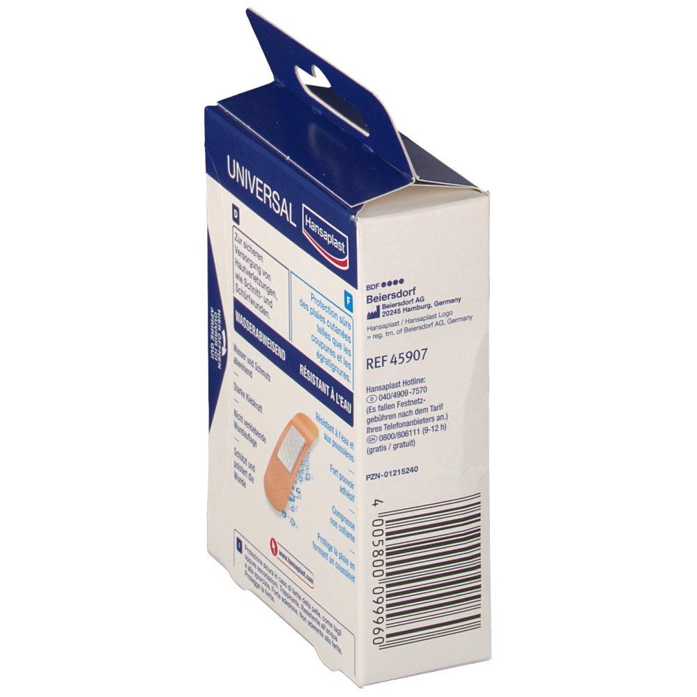 Seitenansicht der Hansaplast Universal Verpackung. Enthält Informationen zum Hersteller, sowie eine EAN-Nummer.
