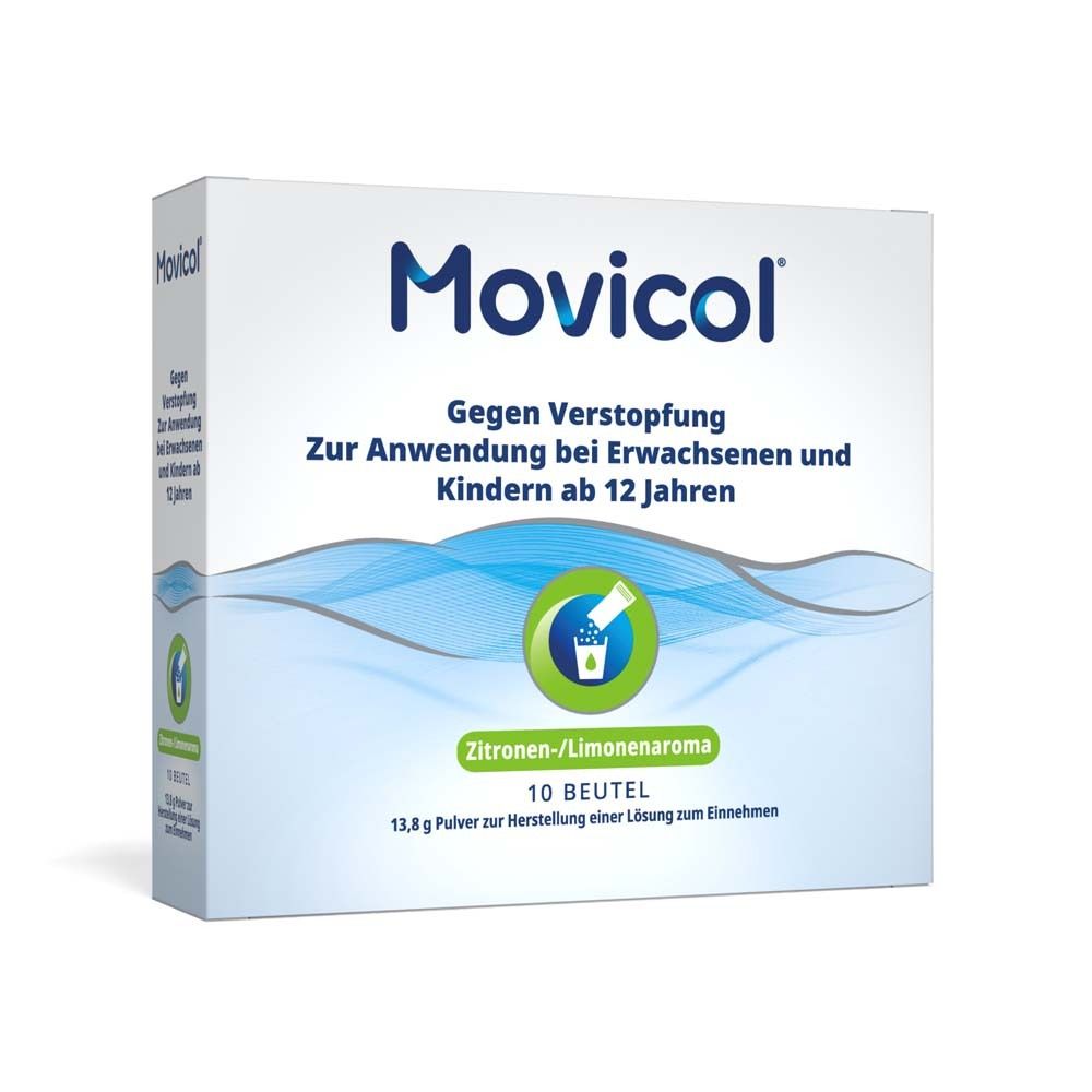 MOVICOL® Zitrone/Limone-Packung. Gegen Verstopfung. 10 Beutel. Für Erwachsene und Kinder ab 12 Jahren.
