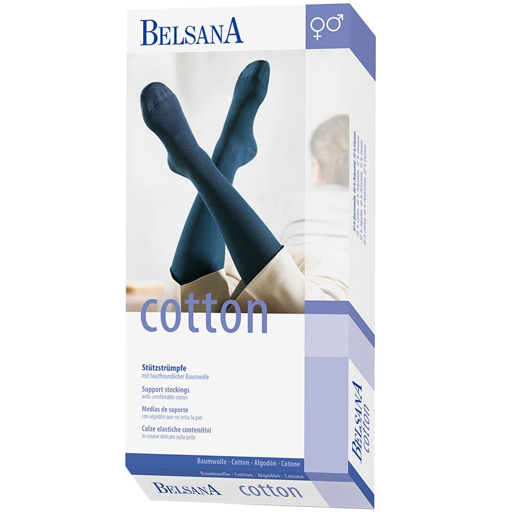 BELSANA Cotton Stützkniestrumpf in Verpackung. Blaue Kniestrümpfe auf der Verpackung abgebildet. Text: cotton, Stützkniestrümpfe.