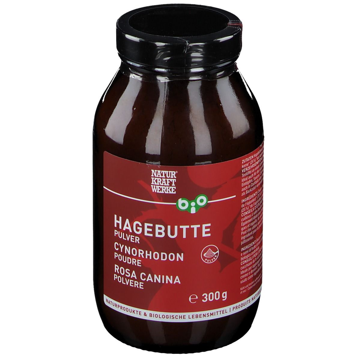 Glasflasche mit Hagebuttenpulver, 300g. Naturkraft Werke Bio-Siegel.