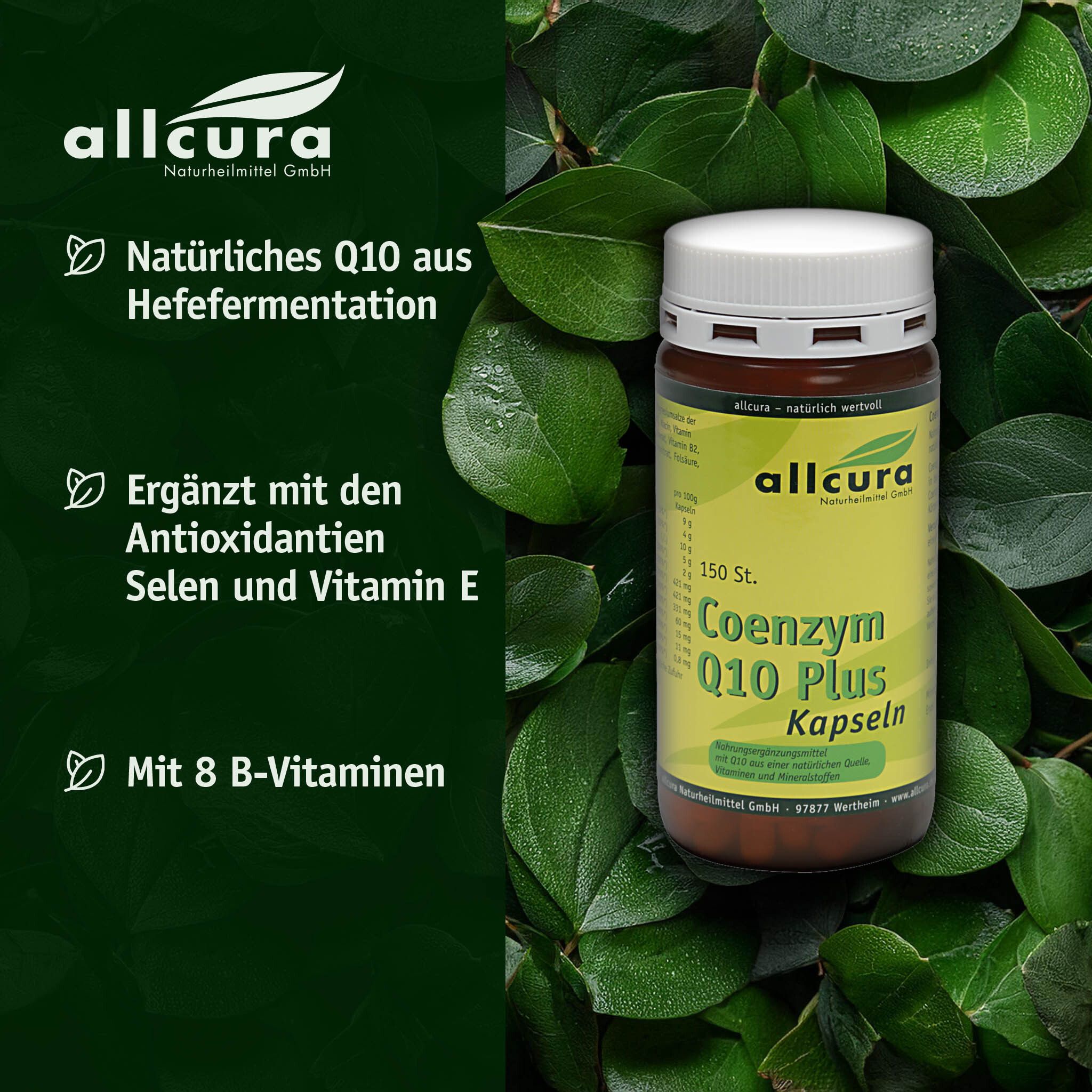 Braune Flasche mit weißem Deckel. Text: allcura, Coenzym Q10 Plus Kapseln. Hintergrund: grüne Blätter.