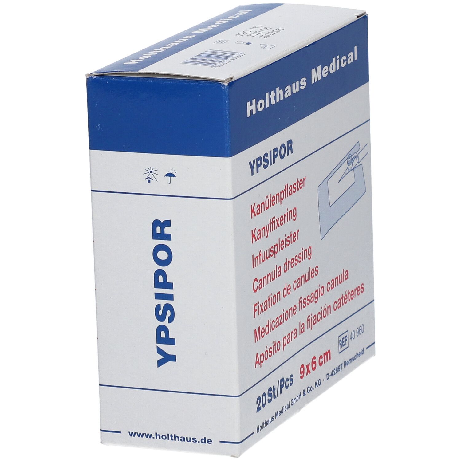 YPSIPOR-Karton, blaue und weiße Verpackung. Enthält 20 Stück, 9x6 cm. Holthaus Medical. Perspektivische Ansicht.