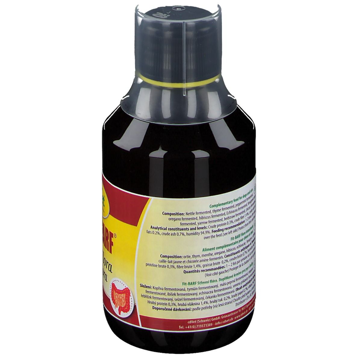 Rückansicht einer Flasche mit brauner Flüssigkeit. Etikett mit Inhaltsstoffen und Analyse. Marke: cdVet.