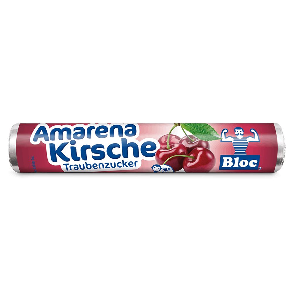 Zylinderförmige Verpackung mit "Amarena Kirsche Traubenzucker"-Aufdruck. Abbildung von Kirschen. Marke: Bloc.