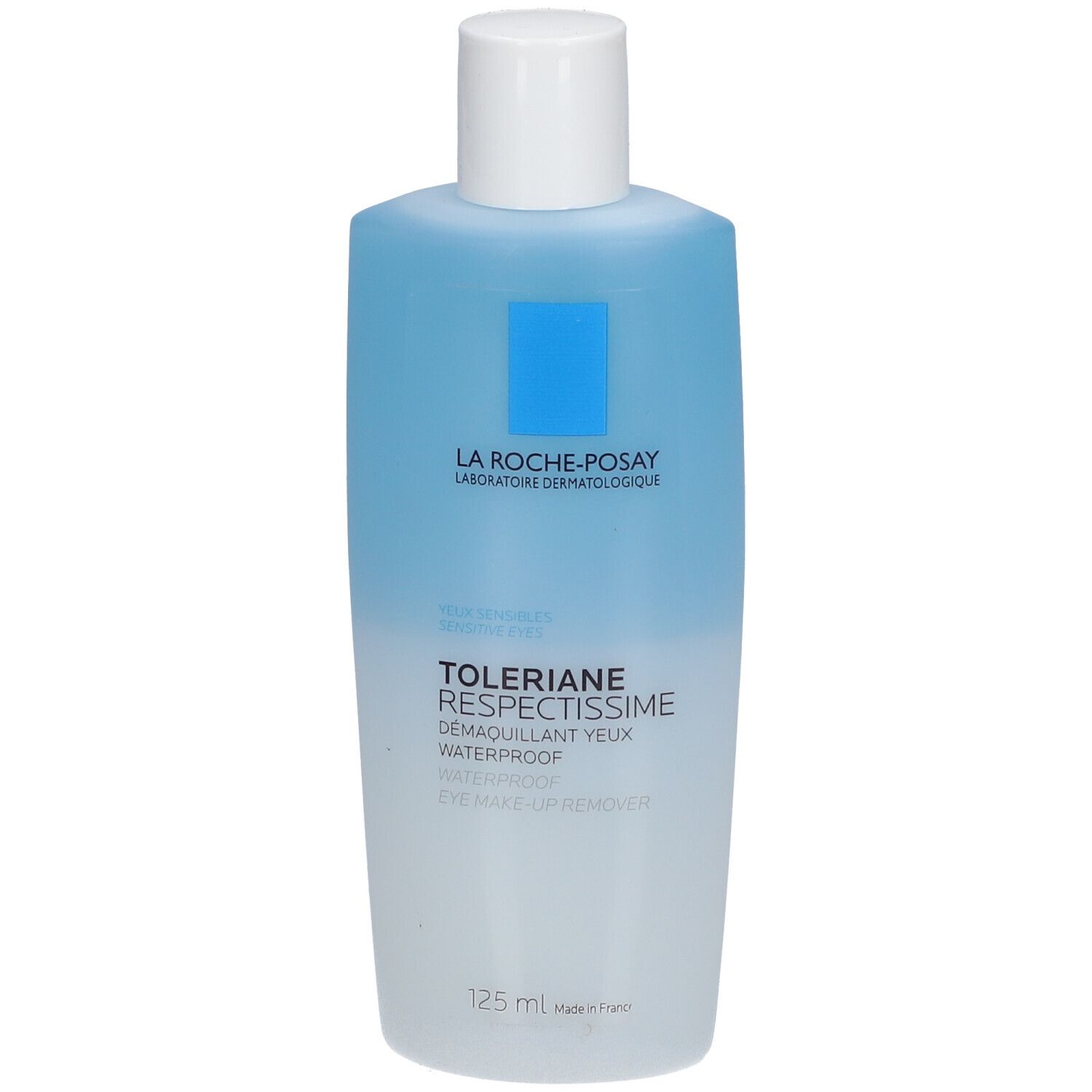 Flasche Augen-Make-up-Entferner. Blau-weiß, mit weißem Deckel. Aufschrift: La Roche-Posay, Toleriane Respectissime, Démaquillant yeux waterproof. 125 ml.