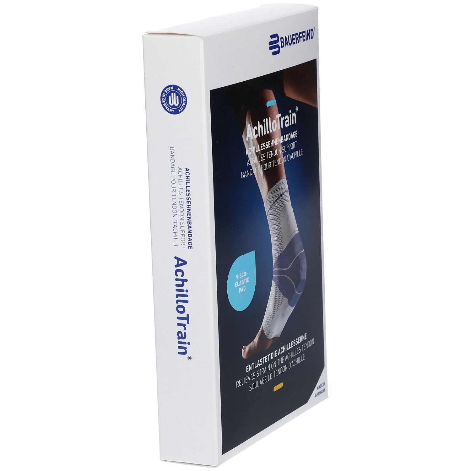 Verpackung AchilloTrain® Achillessehnenbandage. Marke Bauerfeind. Viskoelastisches Pad. Größe 4. Made in Germany.
