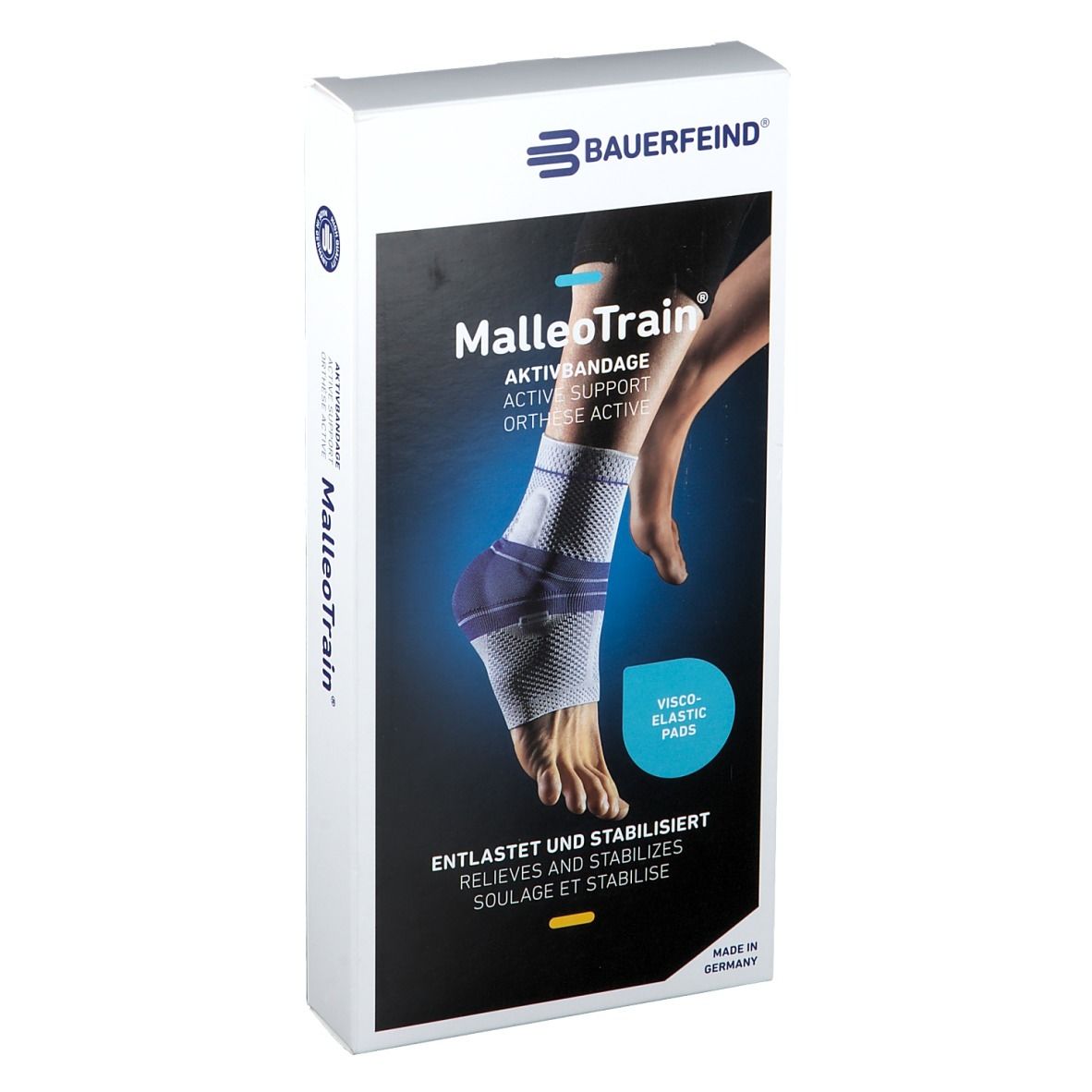 Verpackung der MalleoTrain Aktivbandage. Zeigt das Produkt und einen Fuß. Aufschrift: Bauerfeind, Aktivbandage, entlastet und stabilisiert.