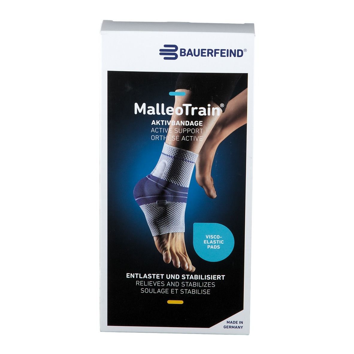 Verpackung der MalleoTrain Aktivbandage. Zeigt das Produkt und einen Fuß. Aufschrift: Bauerfeind, Aktivbandage, entlastet und stabilisiert.