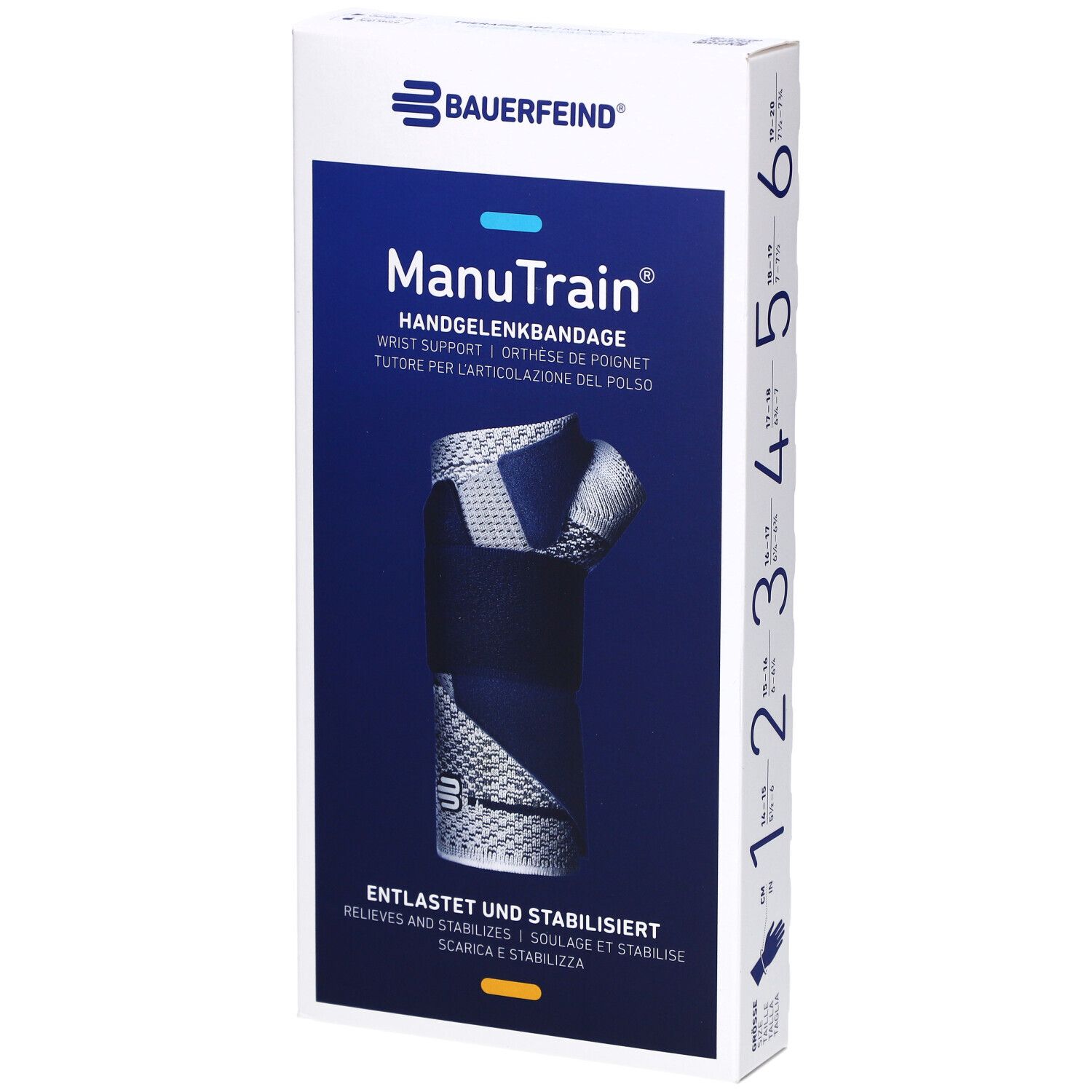 Verpackung der Handgelenkbandage. Blau-weißes Design mit Produktname und Logo. Größenangaben auf der Seite.