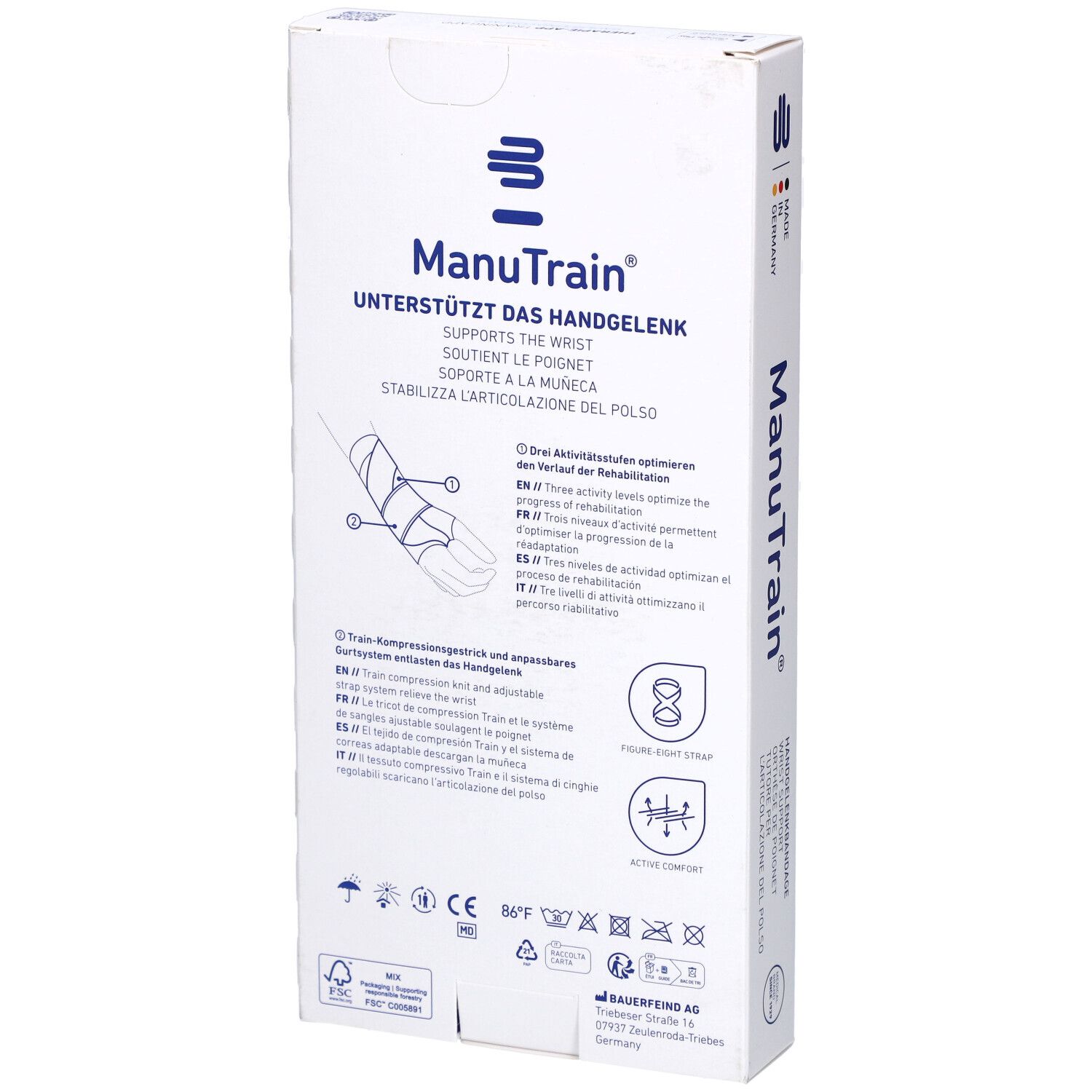 Rückseite der Verpackung. Produktname und Logo. Informationen zur Unterstützung des Handgelenks. Illustrationen.