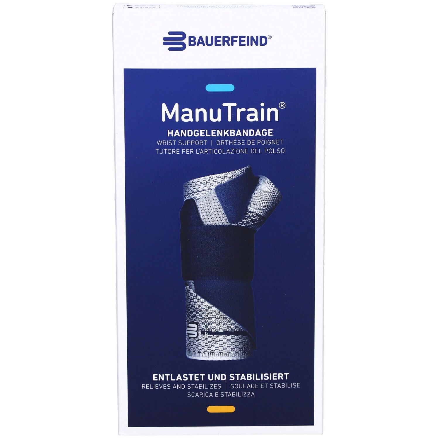 Vorderansicht der Verpackung. Handgelenkbandage abgebildet. Produktname und Logo. Blau-weißes Design.