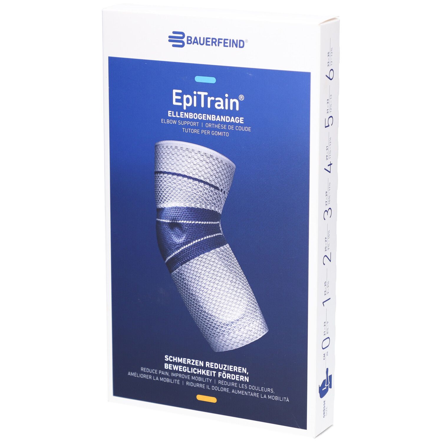 EpiTrain Ellenbogenbandage in Verpackung. Blau-weißes Design. Bauerfeind Logo. Größenangabe auf der Seite.