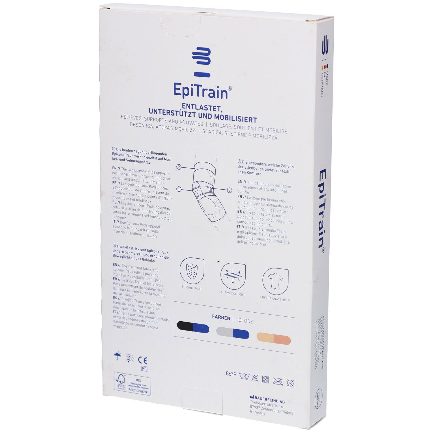 Rückseite der EpiTrain Ellenbogenbandage Verpackung. Produktabbildung. Informationen in mehreren Sprachen. CE-Zeichen.