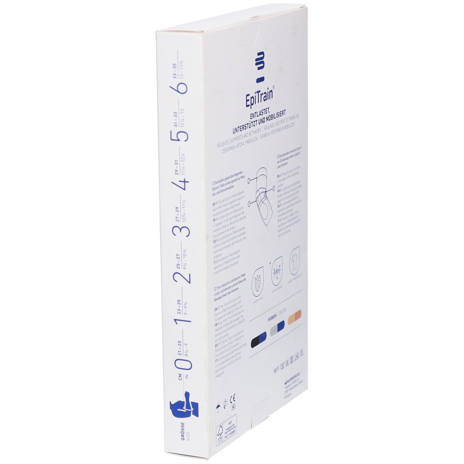 EpiTrain Ellenbogenbandage Verpackung. Seitenansicht. Größenangaben. Informationen und Illustrationen. CE-Zeichen.