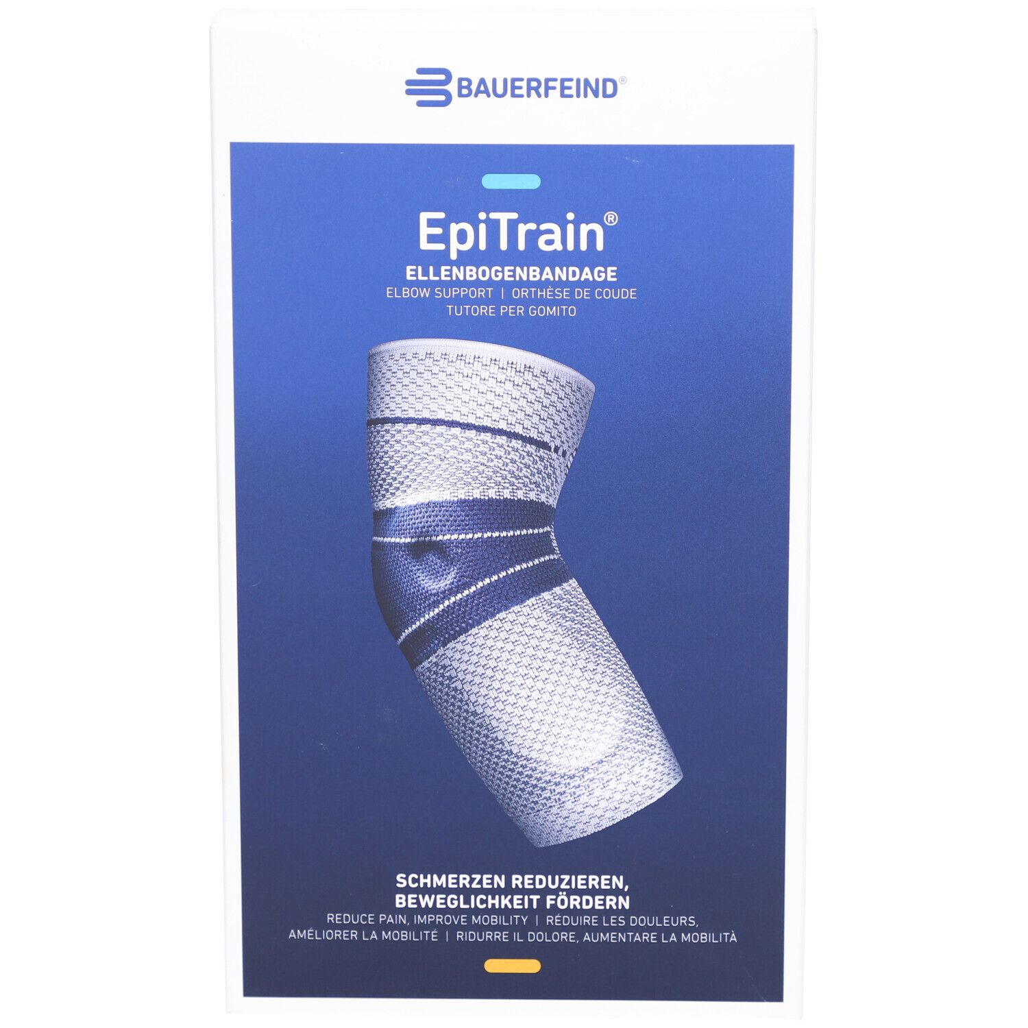 EpiTrain Ellenbogenbandage. Blau-weißes Design. Bauerfeind Logo. Produktname und Beschreibung in mehreren Sprachen.