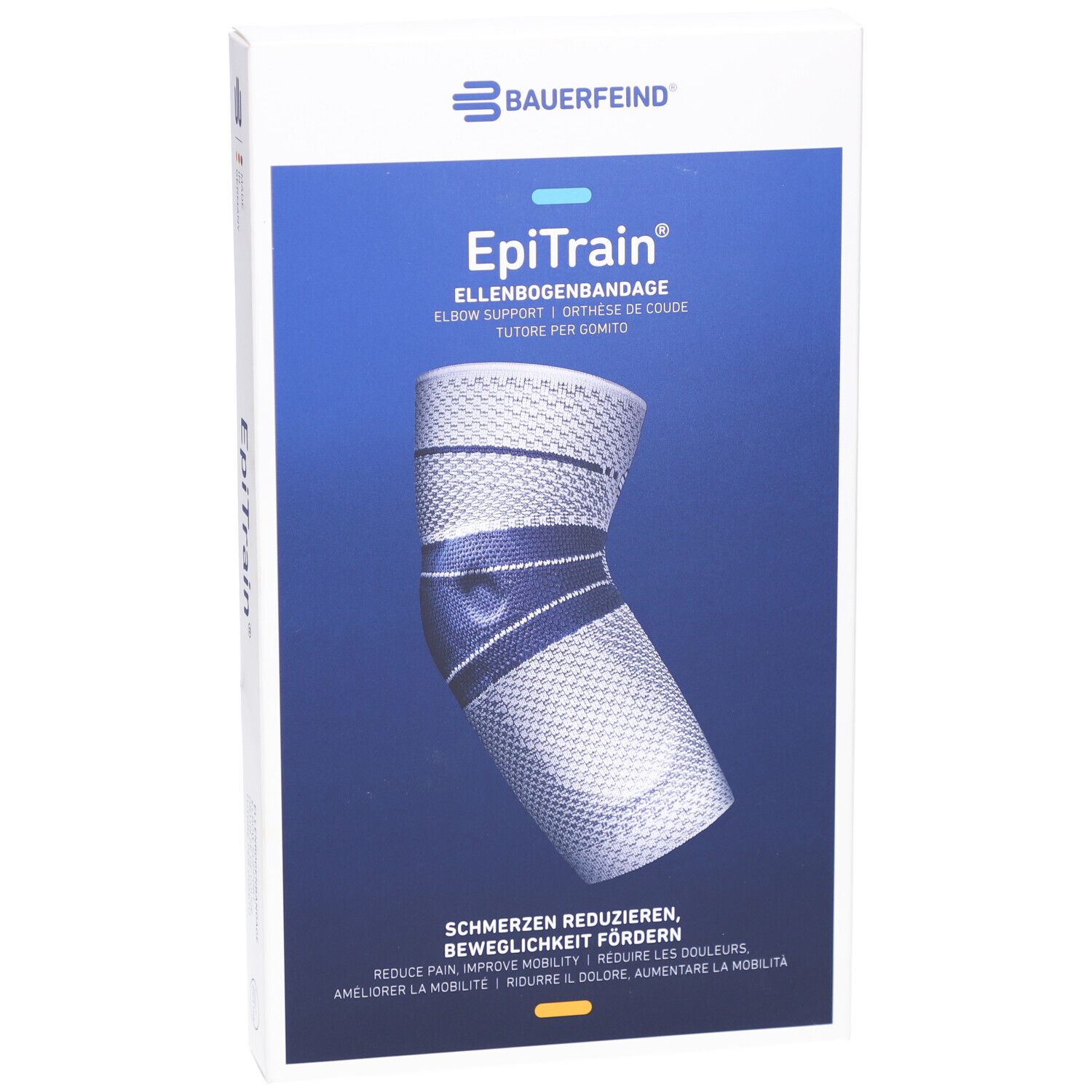 EpiTrain Ellenbogenbandage in Verpackung. Blau-weißes Design. Bauerfeind Logo. Produktname und Beschreibung.