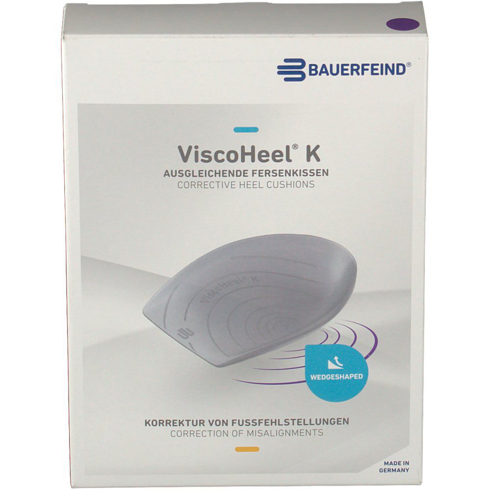 ViscoHeel® Fersenkissen K Gr. 2 in Verpackung. Weißer Karton mit Produktabbildung und Schriftzug. Marke Bauerfeind.