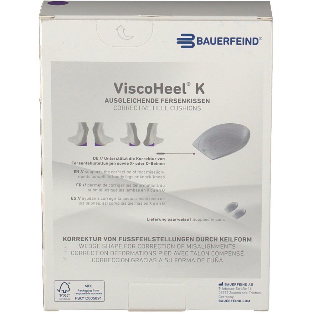 Rückseite der ViscoHeel® K Verpackung. Produktabbildung, Text in mehreren Sprachen. Marke Bauerfeind. 'Made in Germany'.