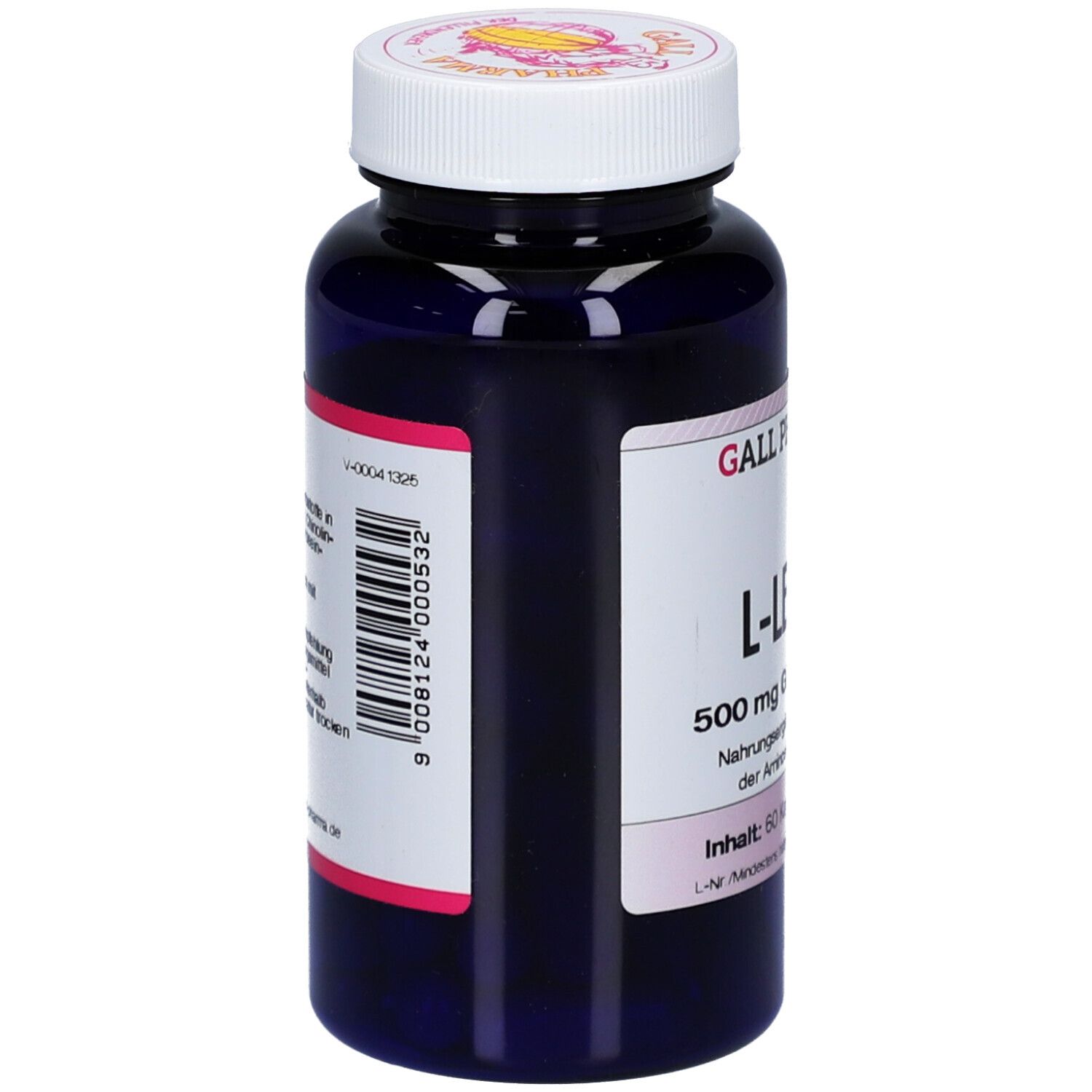 Blaue Flasche mit weißem Deckel. Etikett mit Barcode und Text. Marke: GALL PHARMA. Produkt: L-LEUCIN 500 mg Kapseln.
