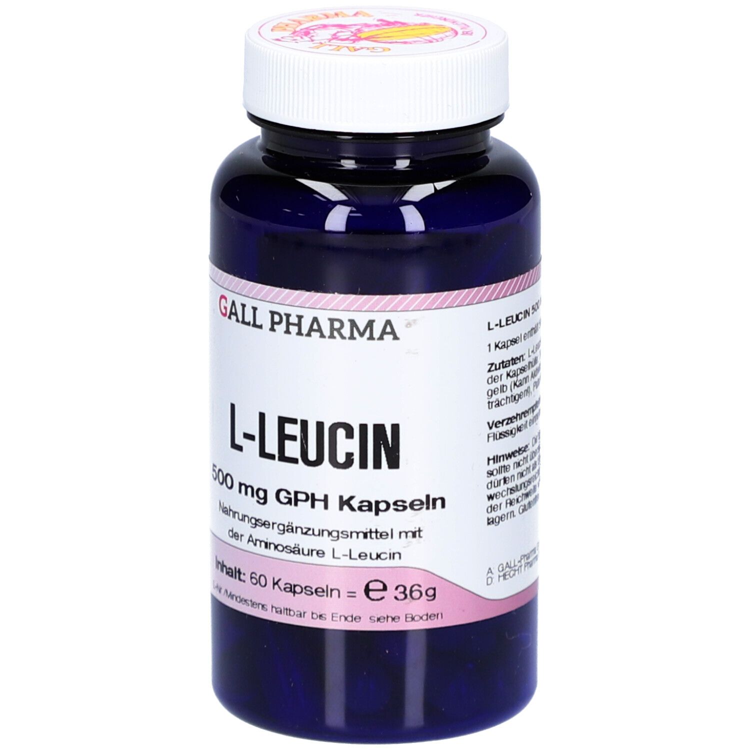 Blaue Flasche mit weißem Deckel. Aufschrift: L-LEUCIN 500 mg Kapseln. Marke: GALL PHARMA. Inhalt: 60 Kapseln.