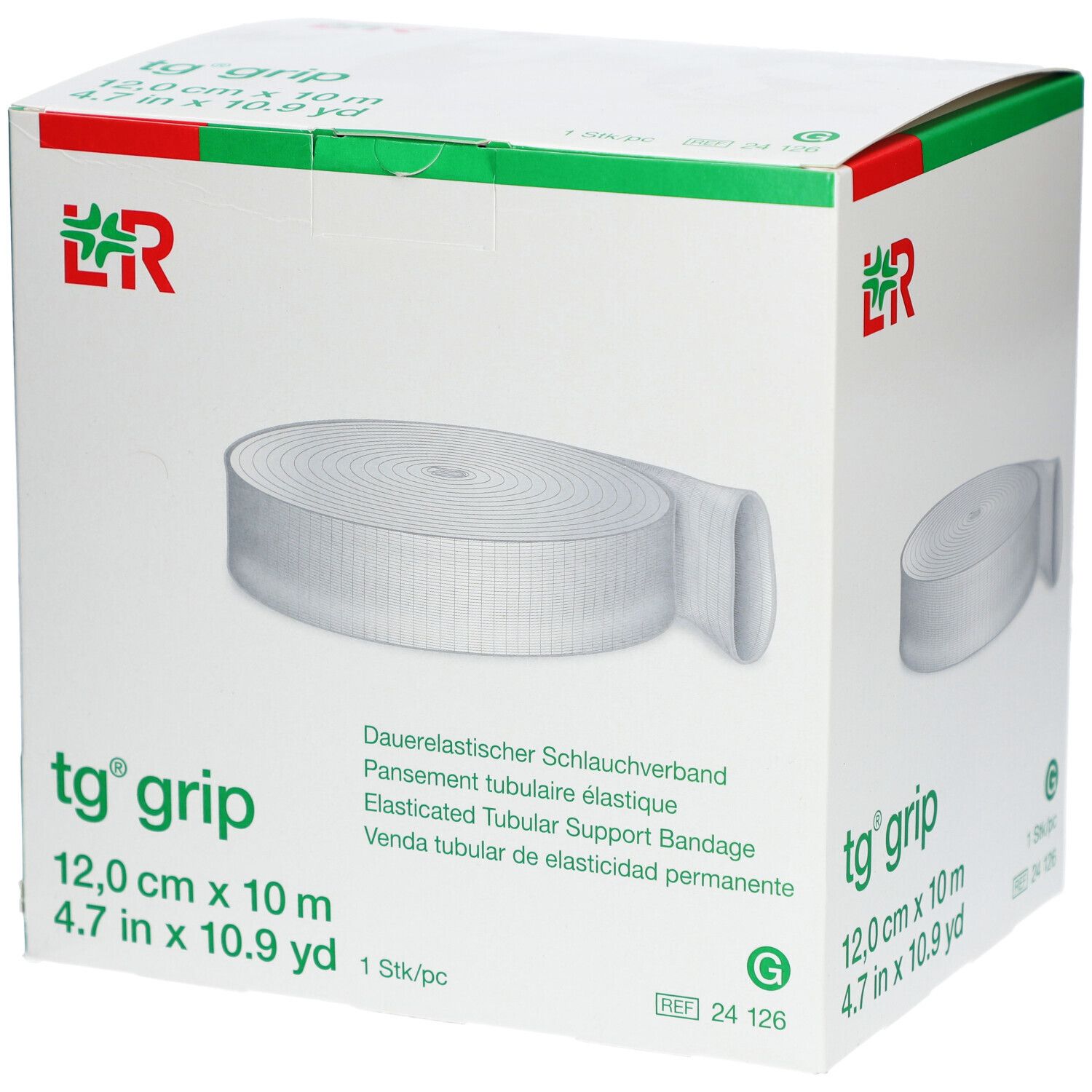 Verpackung von tg grip, 12,0 cm x 10 m. Dauerelastischer Schlauchverband. Weißes Band auf der Verpackung sichtbar.