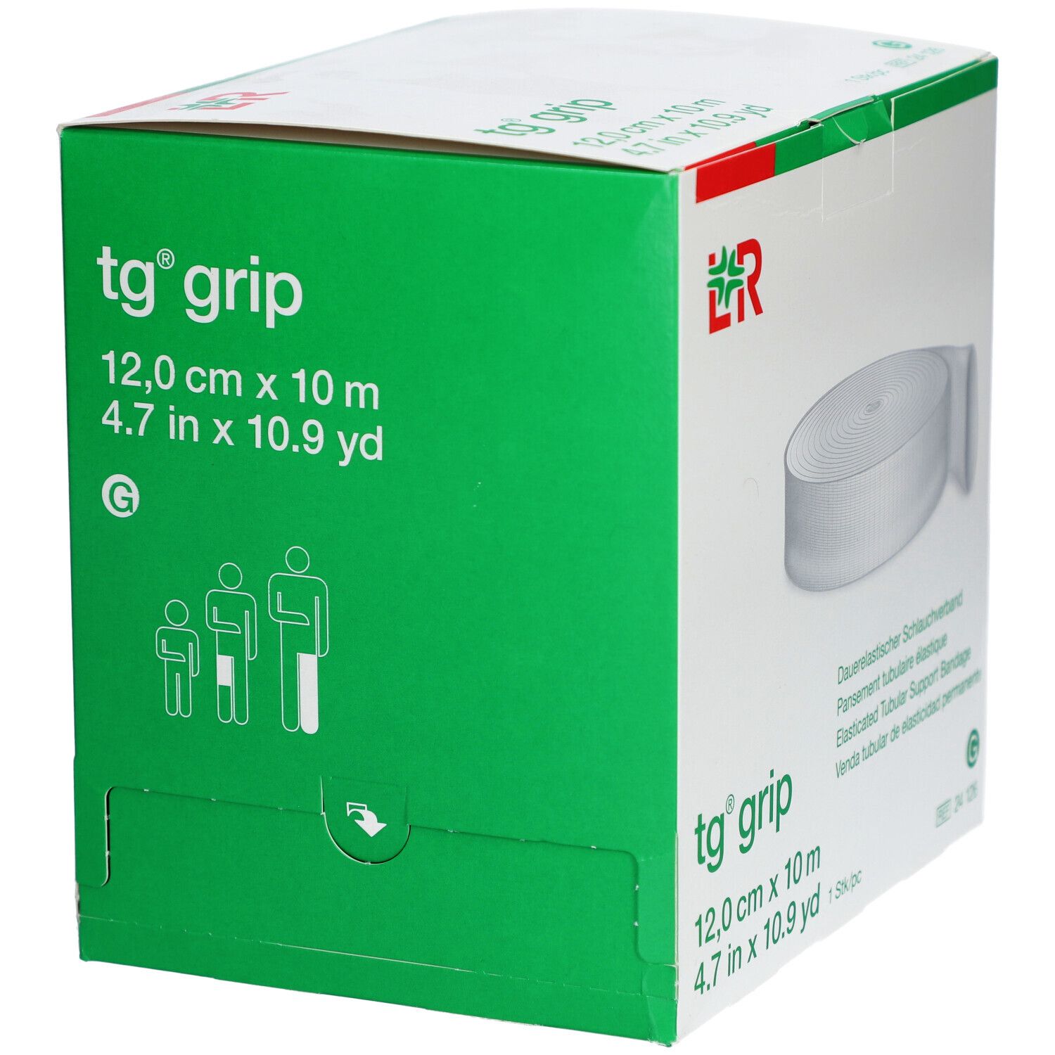 Grüne Verpackung von tg grip, 12,0 cm x 10 m. Elastischer Schlauchverband. Piktogramme von Personen.
