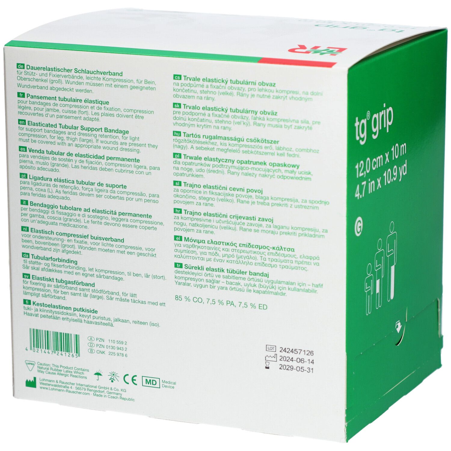 Rückseite der tg grip Verpackung. Text in mehreren Sprachen. Informationen zu Materialzusammensetzung und Zertifizierungen.