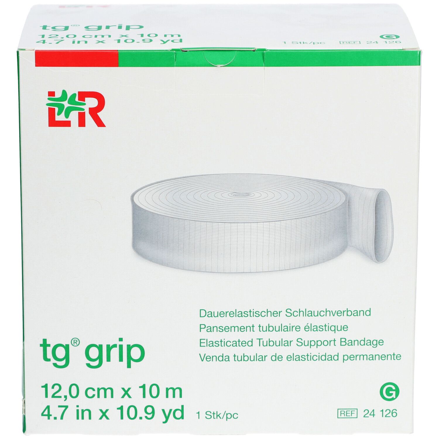 Verpackung von tg grip, 12,0 cm x 10 m. Dauerelastischer Schlauchverband. Weißes Band auf der Verpackung sichtbar.