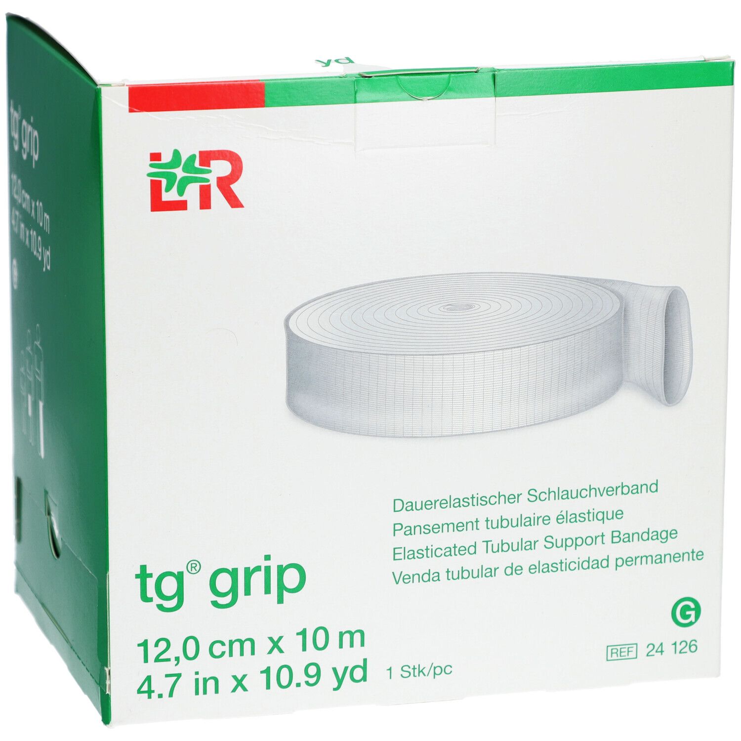 Verpackung von tg grip, 12,0 cm x 10 m. Dauerelastischer Schlauchverband. Weißes Band auf der Verpackung sichtbar.