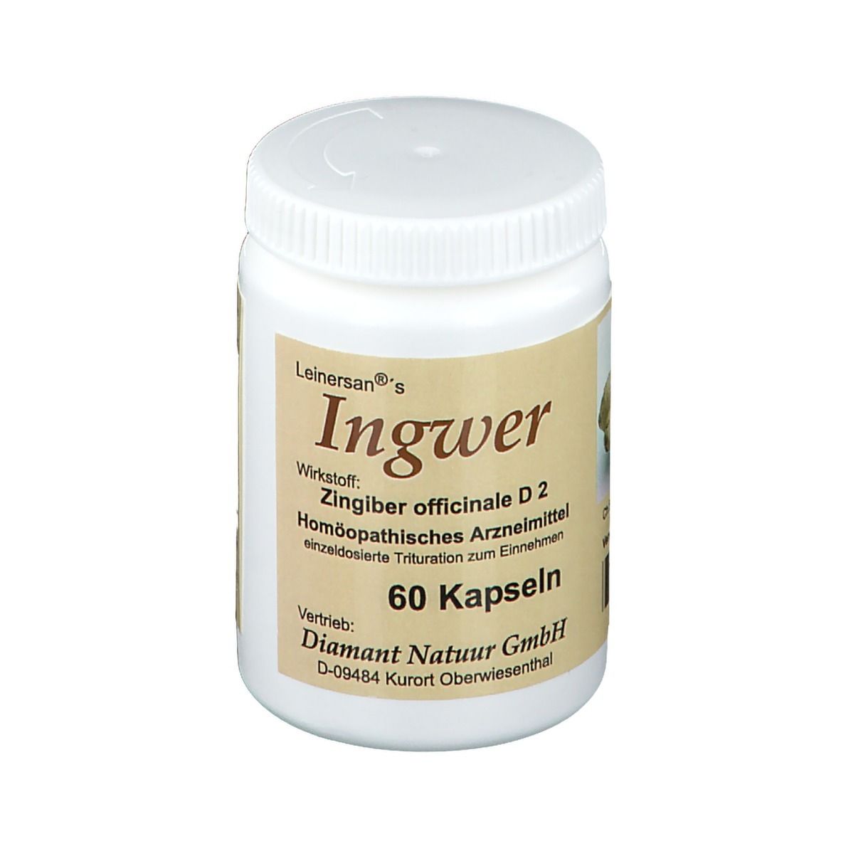 Weiße Flasche mit Schraubverschluss. Etikett mit Produktnamen, Inhaltsstoffen und 60 Kapseln.