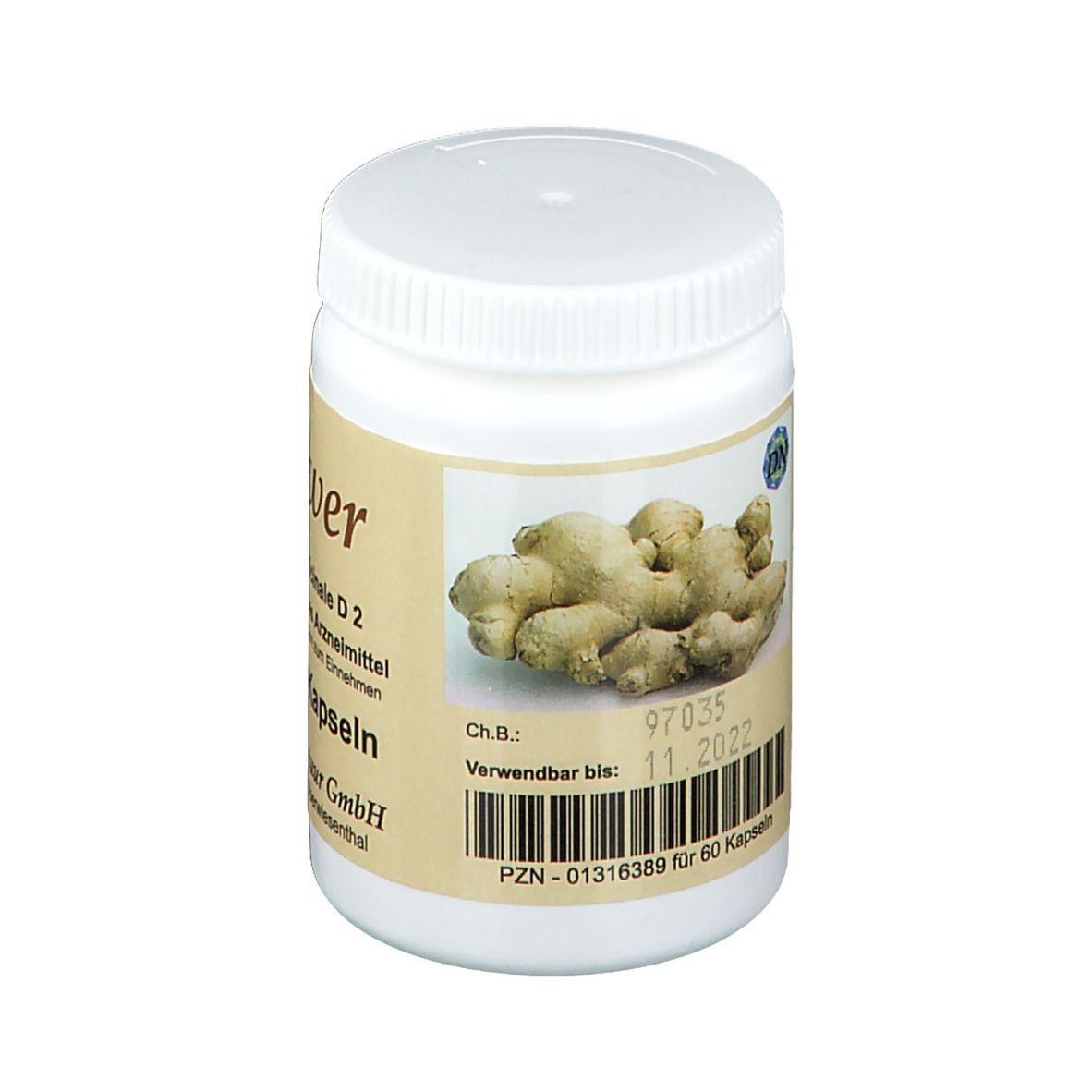 Weiße Flasche mit Schraubverschluss. Etikett mit Ingwer-Abbildung, Inhaltsstoffen und Verfallsdatum.